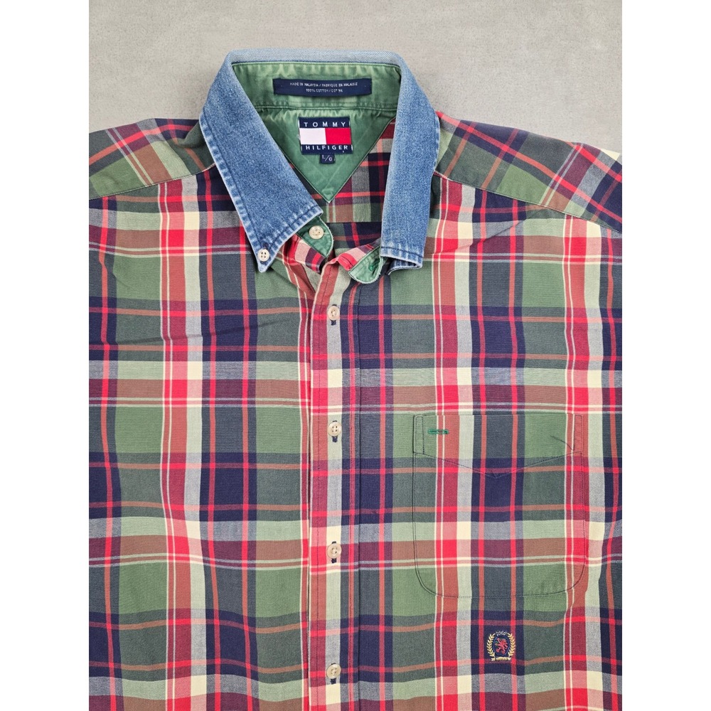 Vintage Tommy‎ Hilfiger Button Down Shirt Mens L Plaid Denim Collar Long Sleeve
